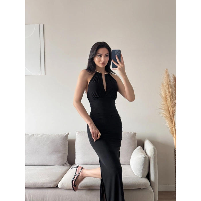 Boyun Aksesuar Degaje Elbise - SİYAH