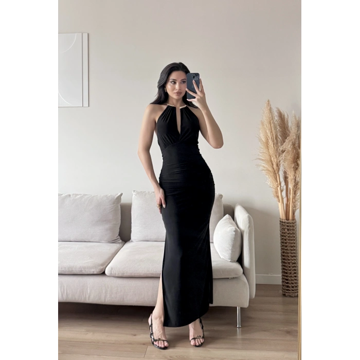 Boyun Aksesuar Degaje Elbise - SİYAH