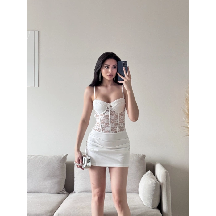 Bel Korse Dantel Detay Elbise - BEYAZ