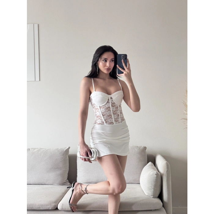 Bel Korse Dantel Detay Elbise - BEYAZ