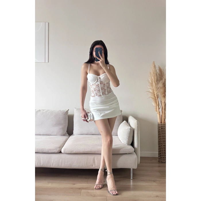 Bel Korse Dantel Detay Elbise - BEYAZ