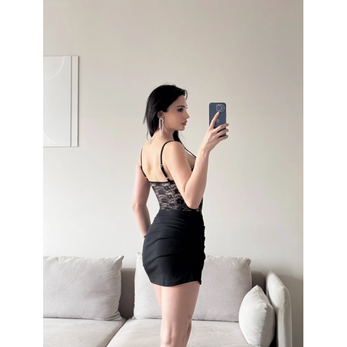 Bel Korse Dantel Detay Elbise - SİYAH