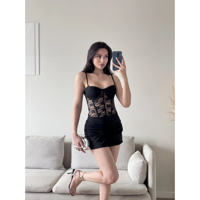 Bel Korse Dantel Detay Elbise - SİYAH