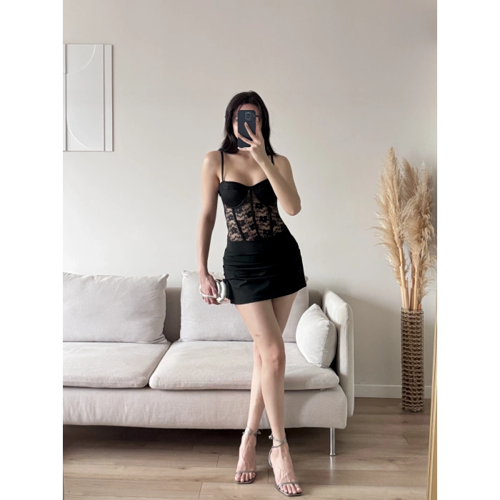 Bel Korse Dantel Detay Elbise - SİYAH