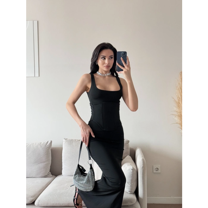 Bel Korse Kare Yaka Elbise - SİYAH