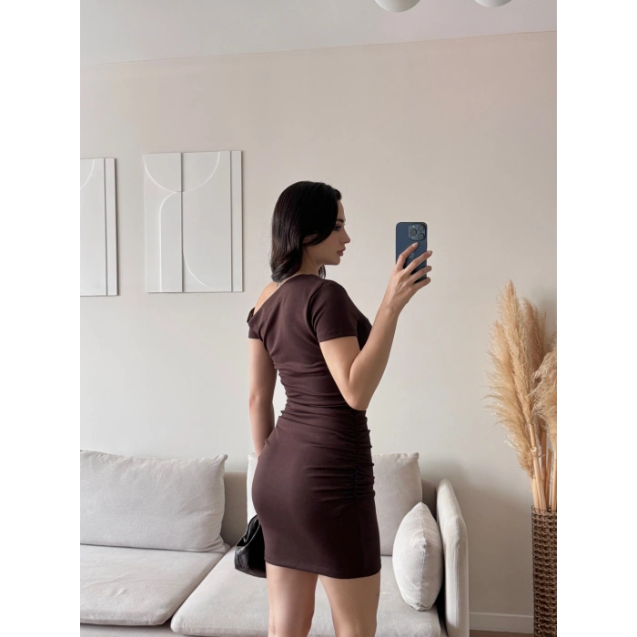 Kuşgözü Yaka Elbise - KAHVE