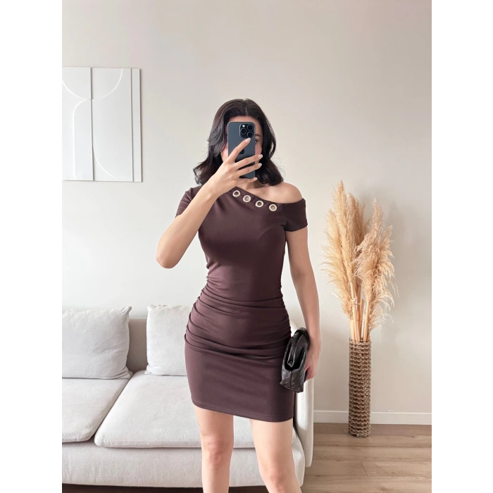 Kuşgözü Yaka Elbise - KAHVE