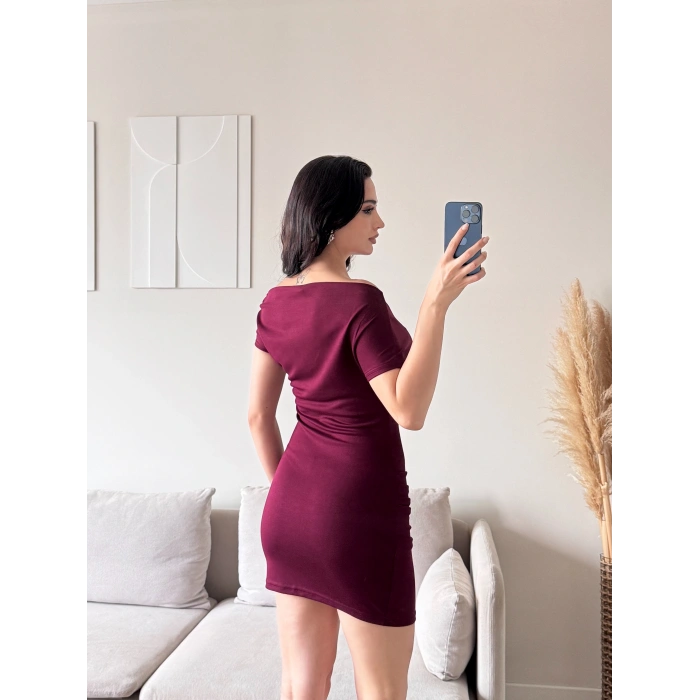 Kayık Yaka Elbise - BORDO