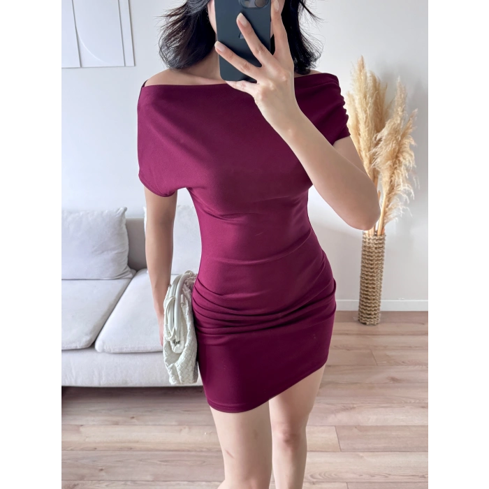 Kayık Yaka Elbise - BORDO