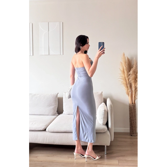 Yırtmaç Detay Steaplez Elbise - GRİ