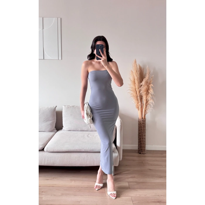 Yırtmaç Detay Steaplez Elbise - GRİ