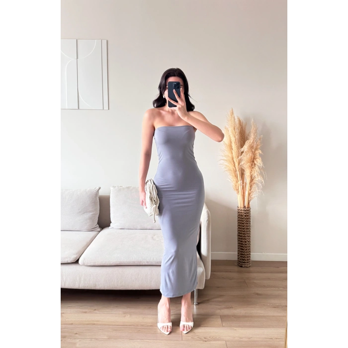 Yırtmaç Detay Steaplez Elbise - GRİ