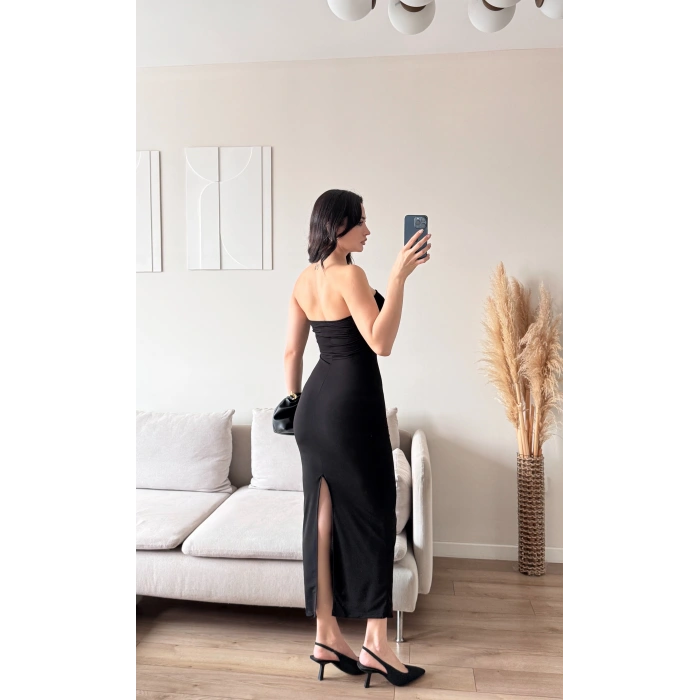 Yırtmaç Detay Steaplez Elbise - GRİ