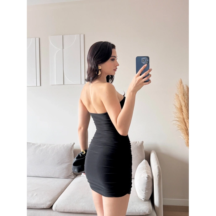 Straplez Mini Elbise - SİYAH