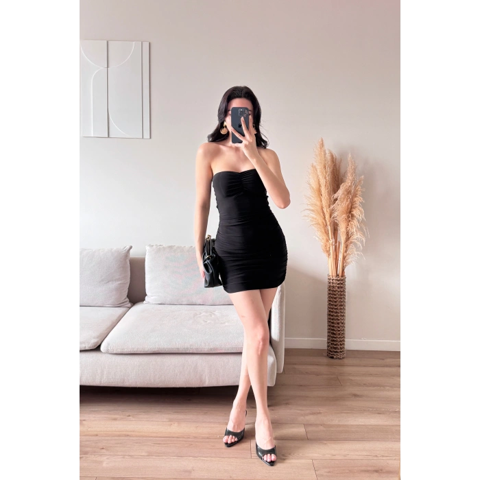 Straplez Mini Elbise - SİYAH