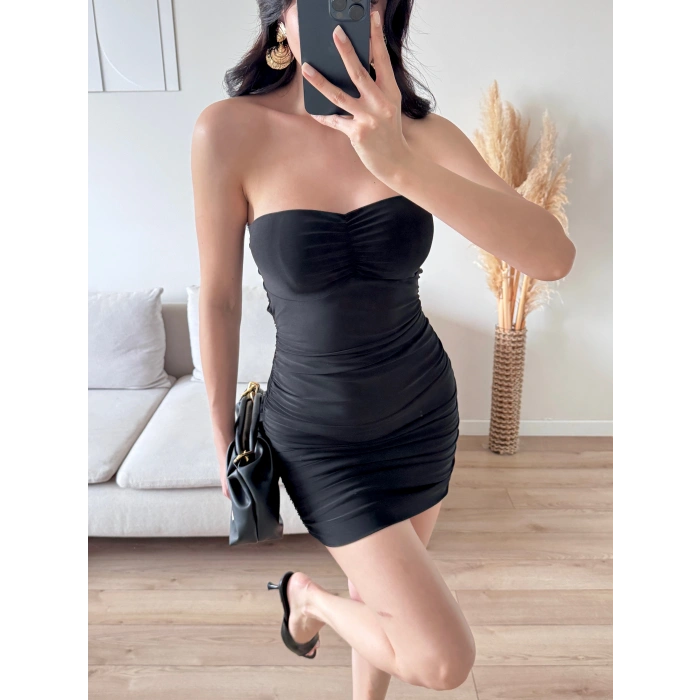 Straplez Mini Elbise - SİYAH