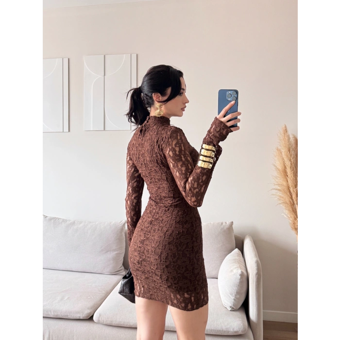 Balıkçı Yaka Dantel Elbise - KAHVE