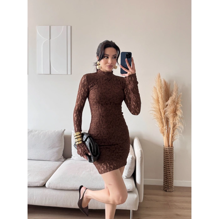 Balıkçı Yaka Dantel Elbise - KAHVE