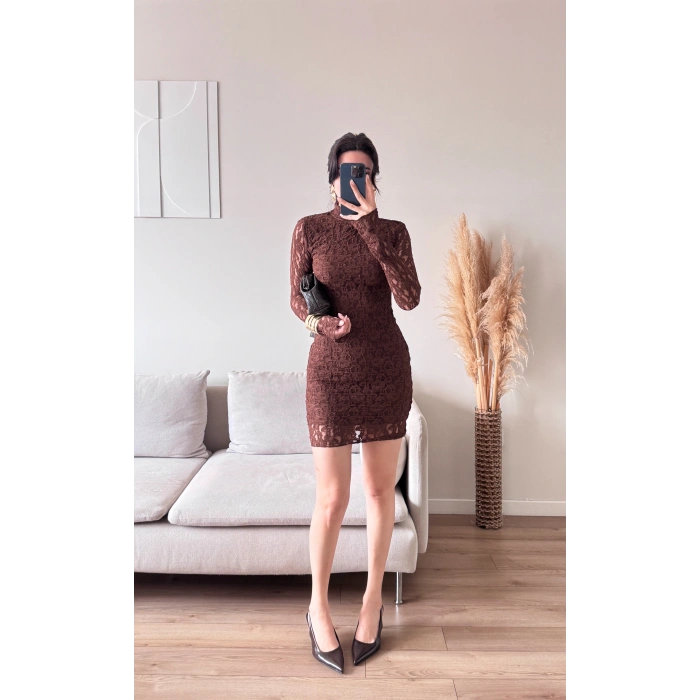 Balıkçı Yaka Dantel Elbise - KAHVE