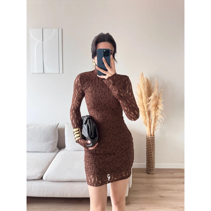 Balıkçı Yaka Dantel Elbise - KAHVE