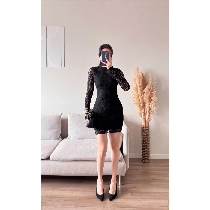 Balıkçı Yaka Dantel Elbise - SİYAH