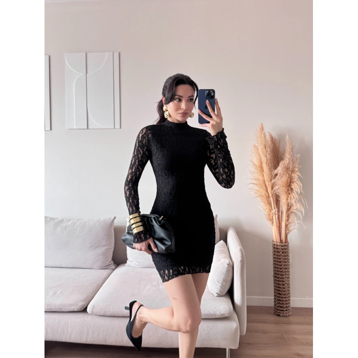 Balıkçı Yaka Dantel Elbise - SİYAH