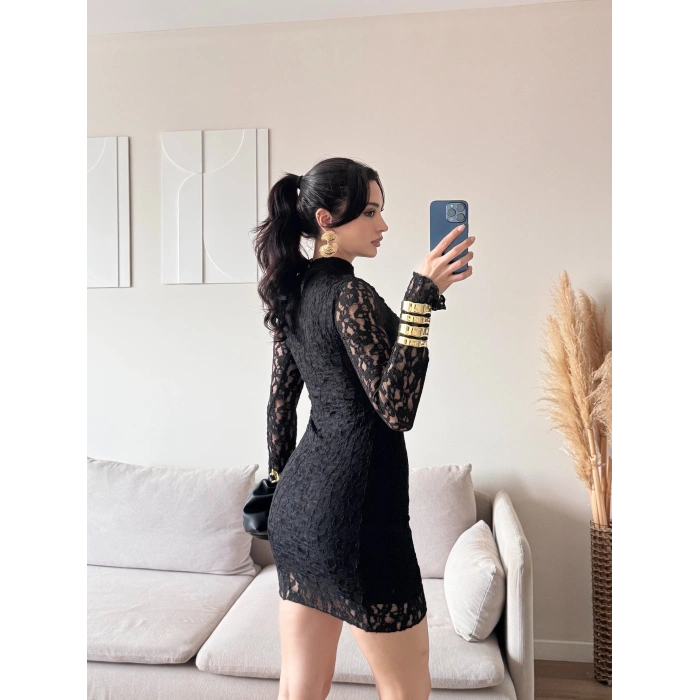 Balıkçı Yaka Dantel Elbise - SİYAH