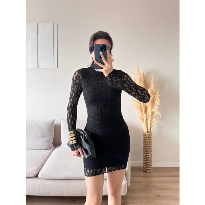 Balıkçı Yaka Dantel Elbise - SİYAH