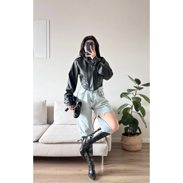 Korse Detay Deri Ceket - SİYAH