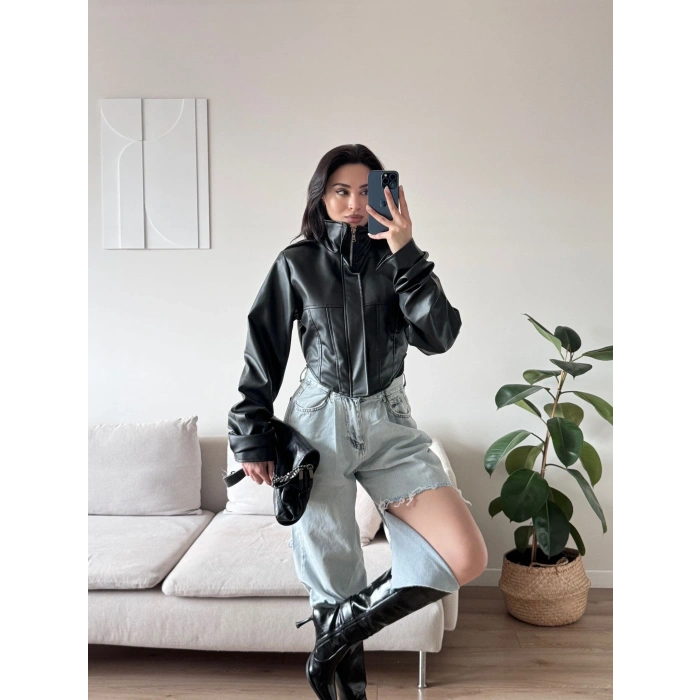 Korse Detay Deri Ceket - SİYAH