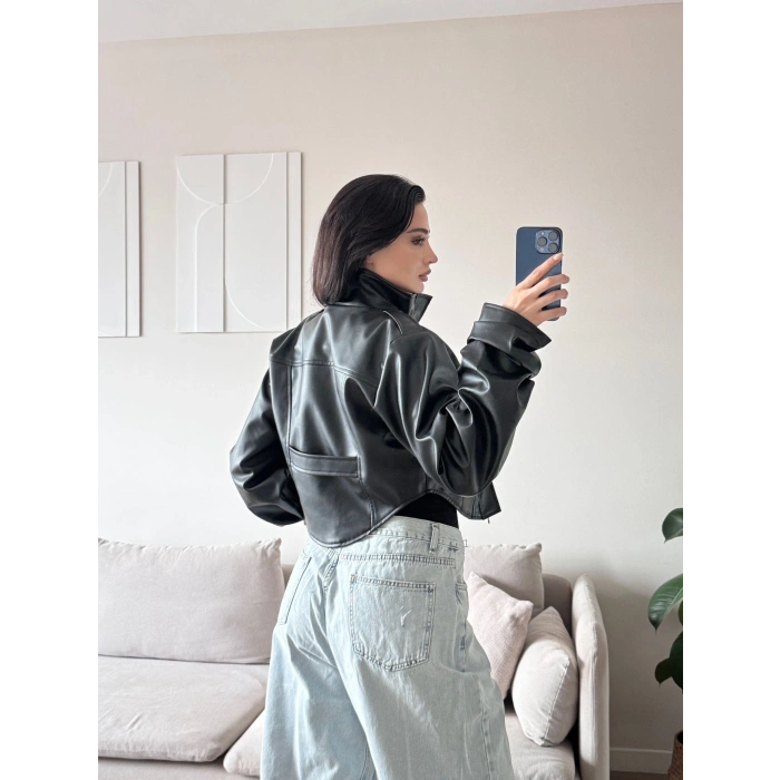 Korse Detay Deri Ceket - SİYAH