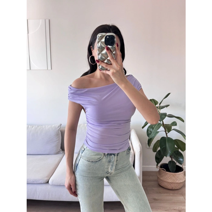 Kayık Yaka Büzgülü Crop - LİLA