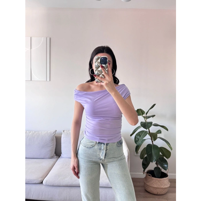 Kayık Yaka Büzgülü Crop - LİLA