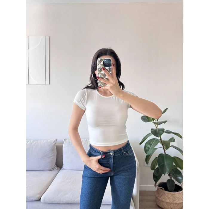 Kısa Kol Basic Crop - BEYAZ