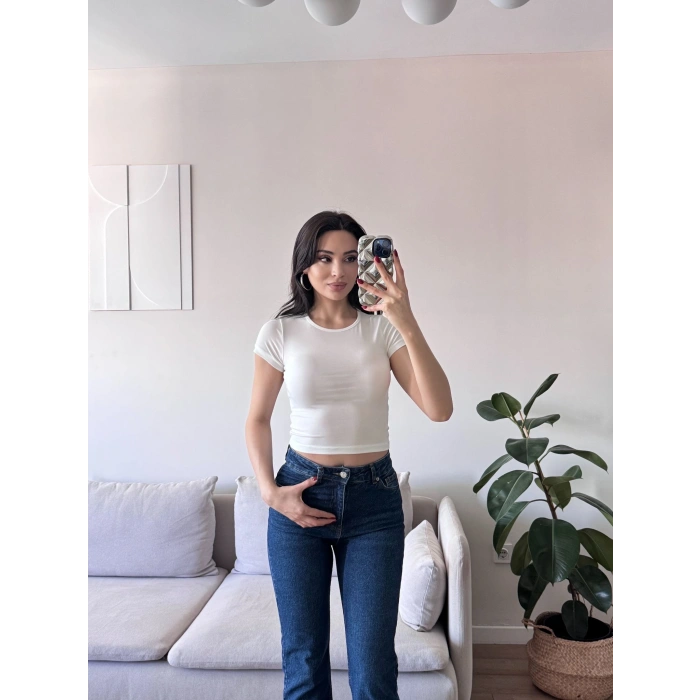 Kısa Kol Basic Crop - BEYAZ