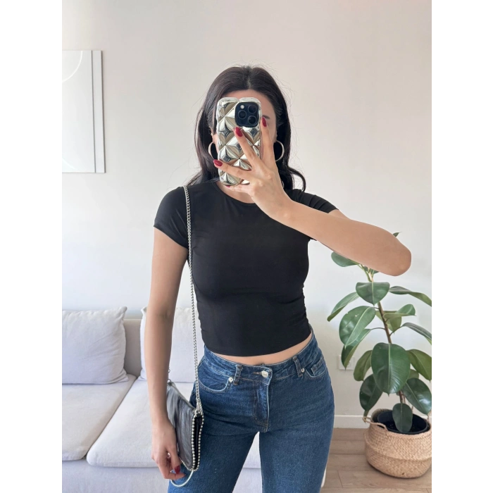 Kısa Kol Basic Crop - SİYAH