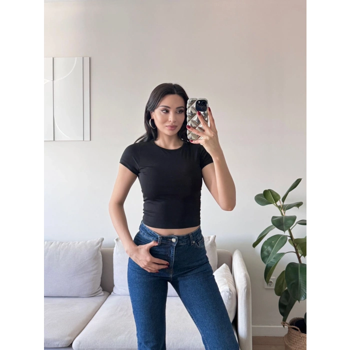 Kısa Kol Basic Crop - SİYAH