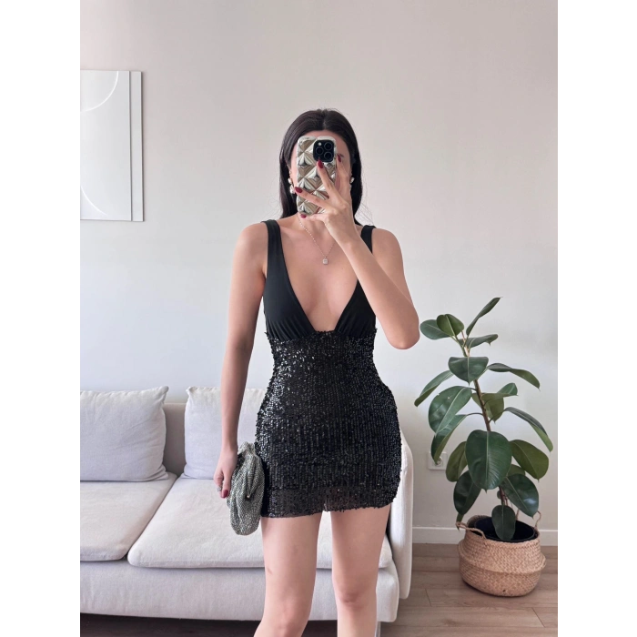 Sırt Kare Payet Elbise - SİYAH