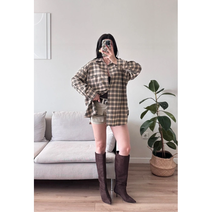 Ekose Tek Cepli Gömlek - CAMEL