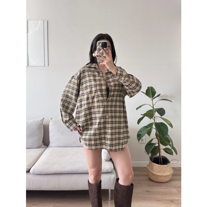 Ekose Tek Cepli Gömlek - CAMEL