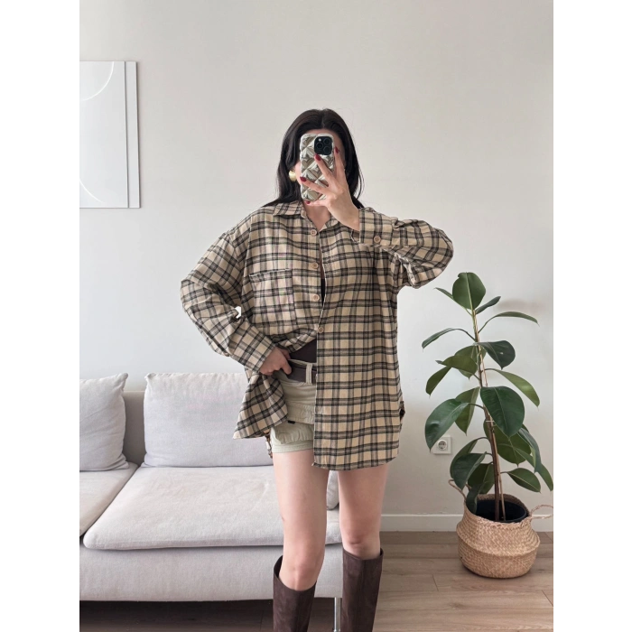 Ekose Tek Cepli Gömlek - CAMEL