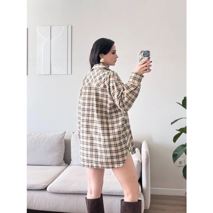 Ekose Tek Cepli Gömlek - CAMEL