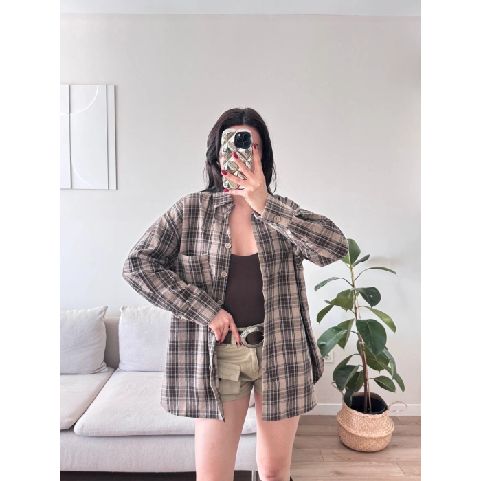 Ekose Tek Cepli Gömlek - VİZON