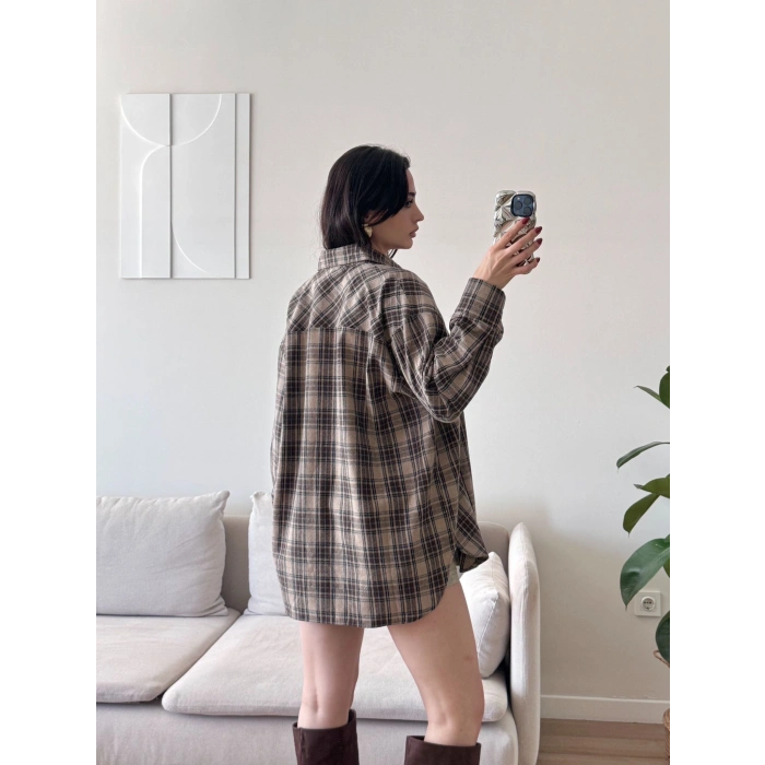 Ekose Tek Cepli Gömlek - VİZON