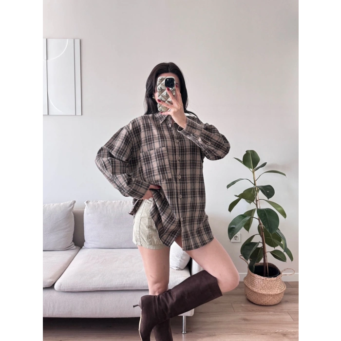 Ekose Tek Cepli Gömlek - VİZON