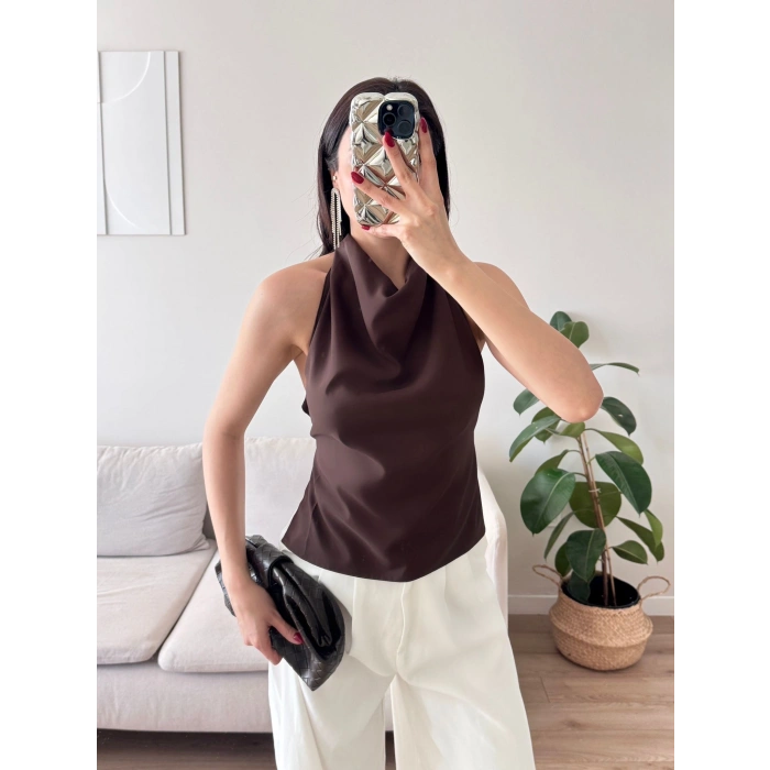 Sırt Dekolte Degaje Bluz - KAHVE