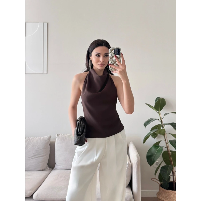 Sırt Dekolte Degaje Bluz - KAHVE