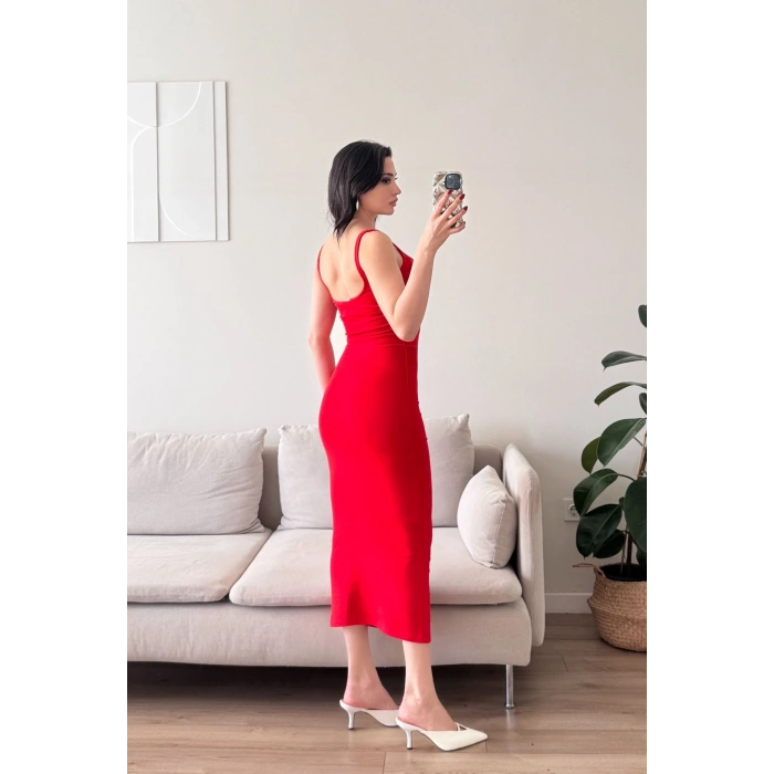Ön Arka Kare Elbise - KIRMIZI