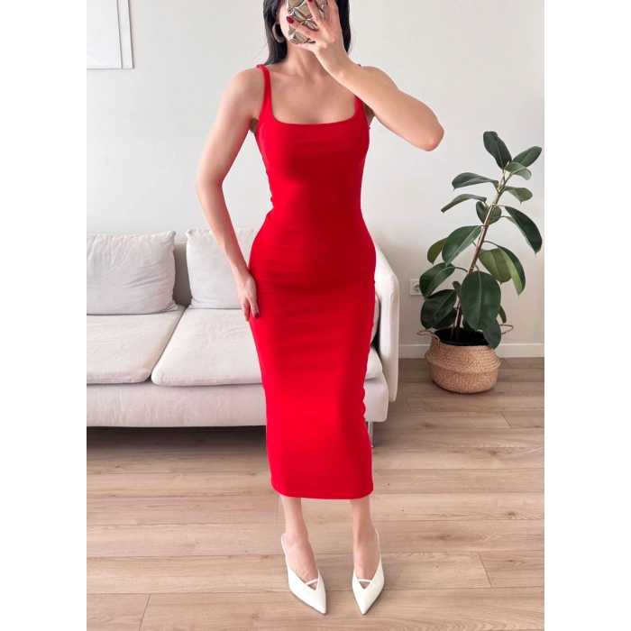 Ön Arka Kare Elbise - KIRMIZI