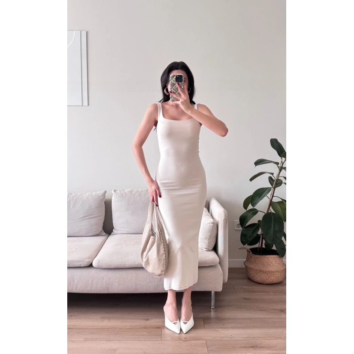 Ön Arka Kare Elbise - BEJ